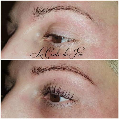 Réhaussement de cils + soin lash botox + teinture de cils+ restructuration du sourcil + teinture du sourcils au henné végétal Avant/Après