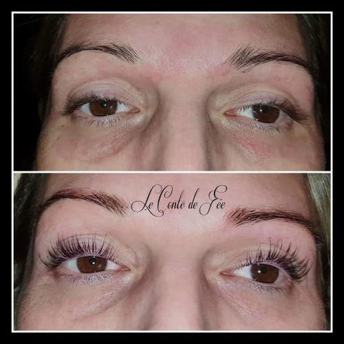 Réhaussement de cils + soin lash botox + teinture de cils+ restructuration du sourcil + teinture du sourcils au henné végétal Avant/Après