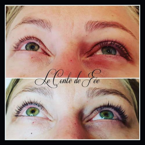 Réhaussement de cils + soin lash botox + teinture de cils Avant/Après + restructuration du sourcil