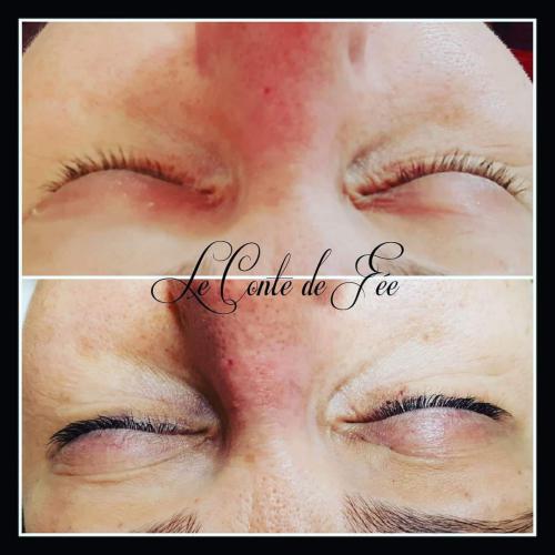 Réhaussement de cils + soin lash botox + teinture de cils Avant/Après + restructuration du sourcil