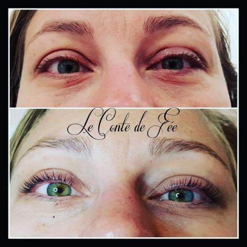 Réhaussement de cils + soin lash botox + teinture de cils Avant/Après + restructuration du sourcil