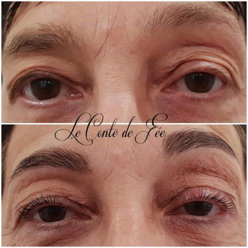 Réhaussement de cils + soin lash botox + teinture de cils+ restructuration du sourcil + teinture du sourcils au henné végétal Avant/Après